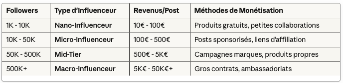 Tableau des Seuils de Monétisation Instagram