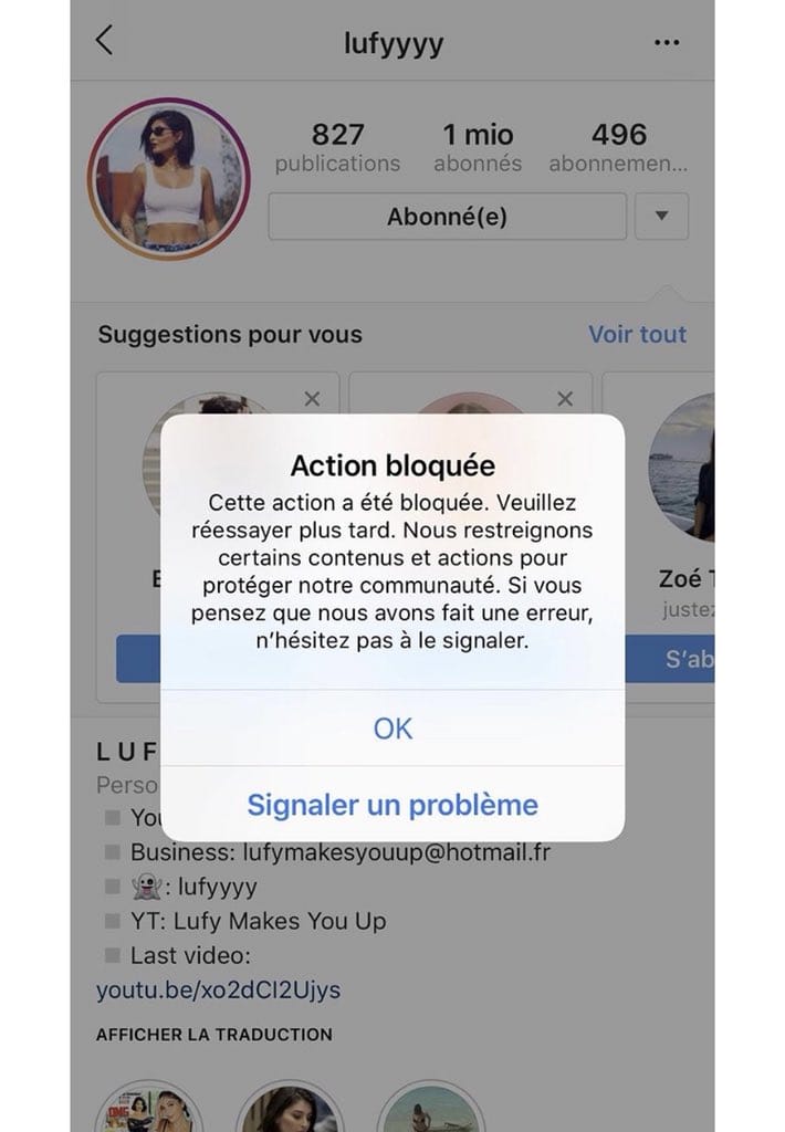 action bloquee instagram