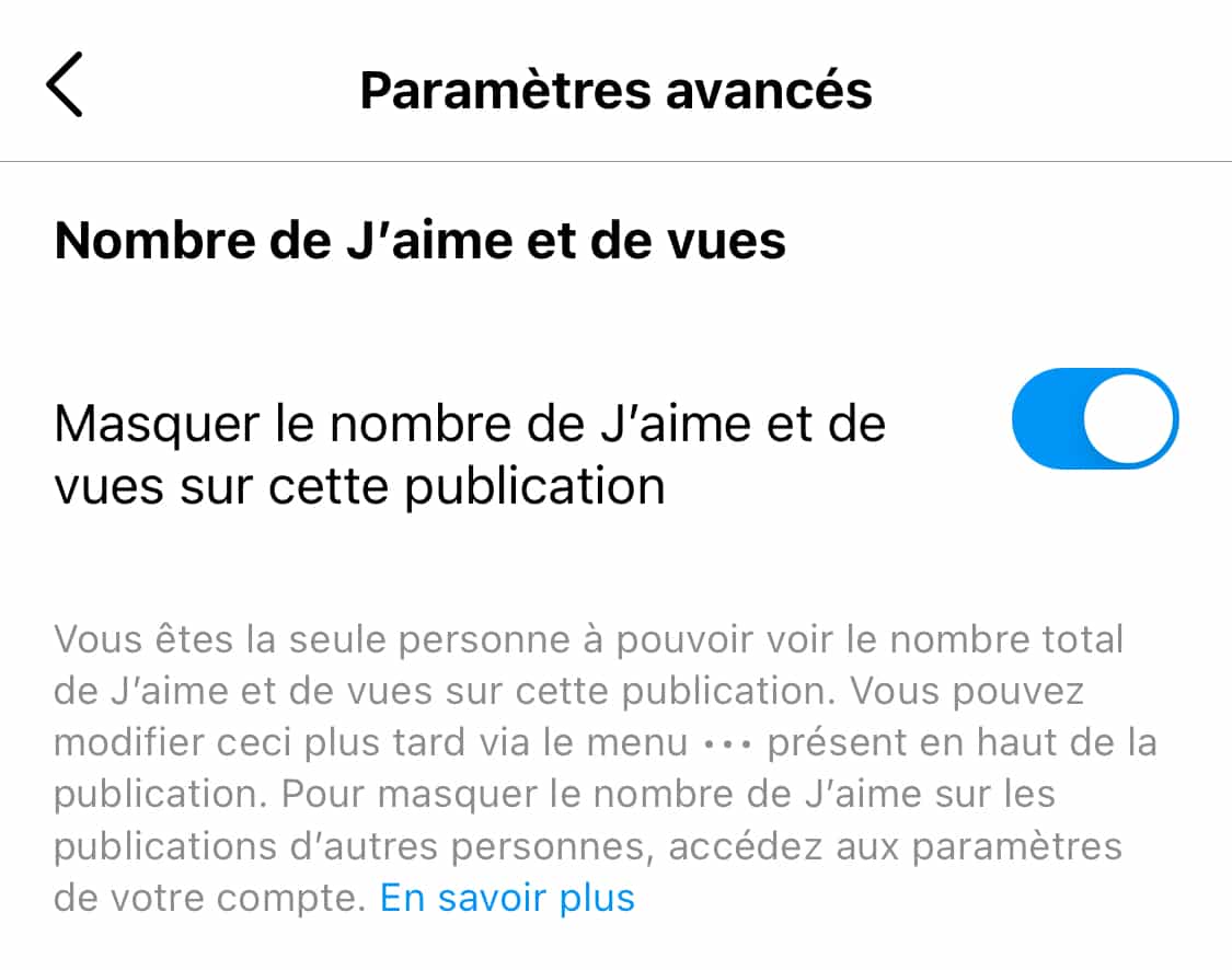 cacher nombre likes publication