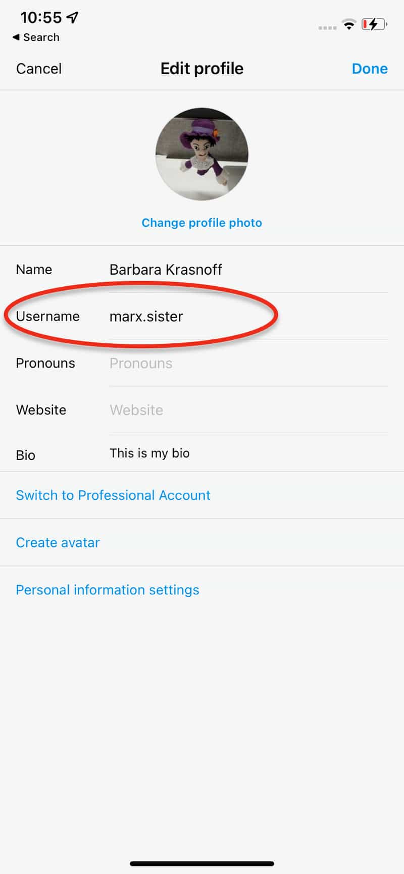 modifier nom utilisateur instagram