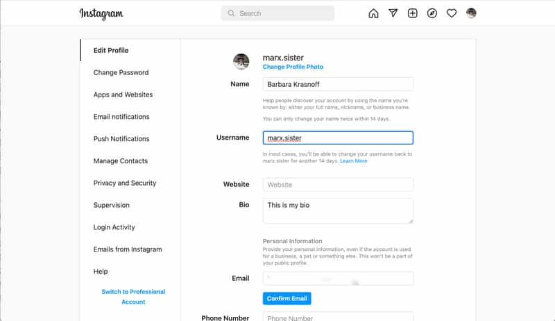 modifier nom utilisateur instagram pc