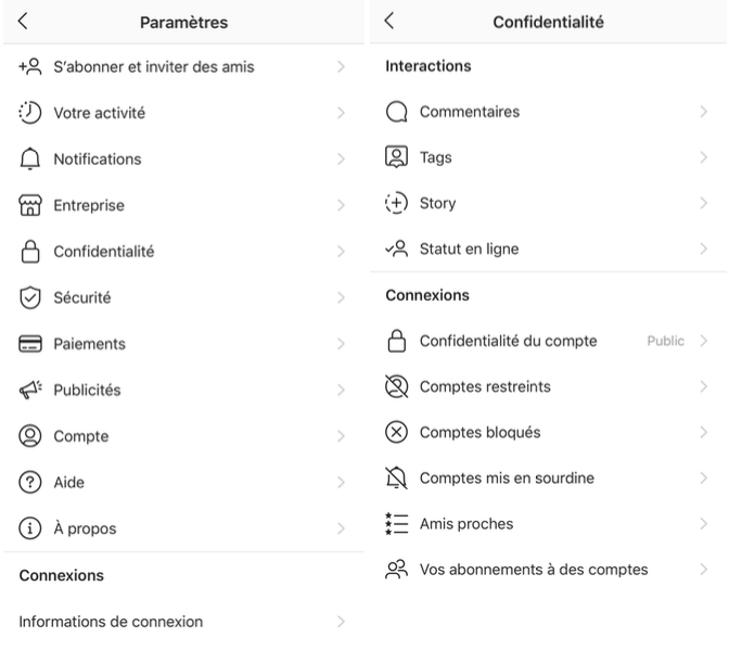 paremtres instagram comptes bloques