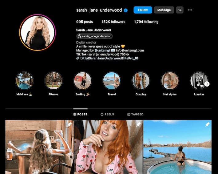 influenceuse Sarah Jane Underwood anglaise compte instagram