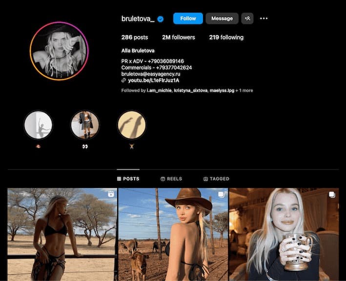 influenceuse et mannequin russe compte instagram