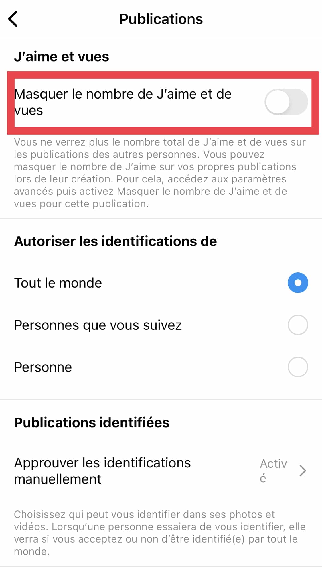 masquer likes instagram feed