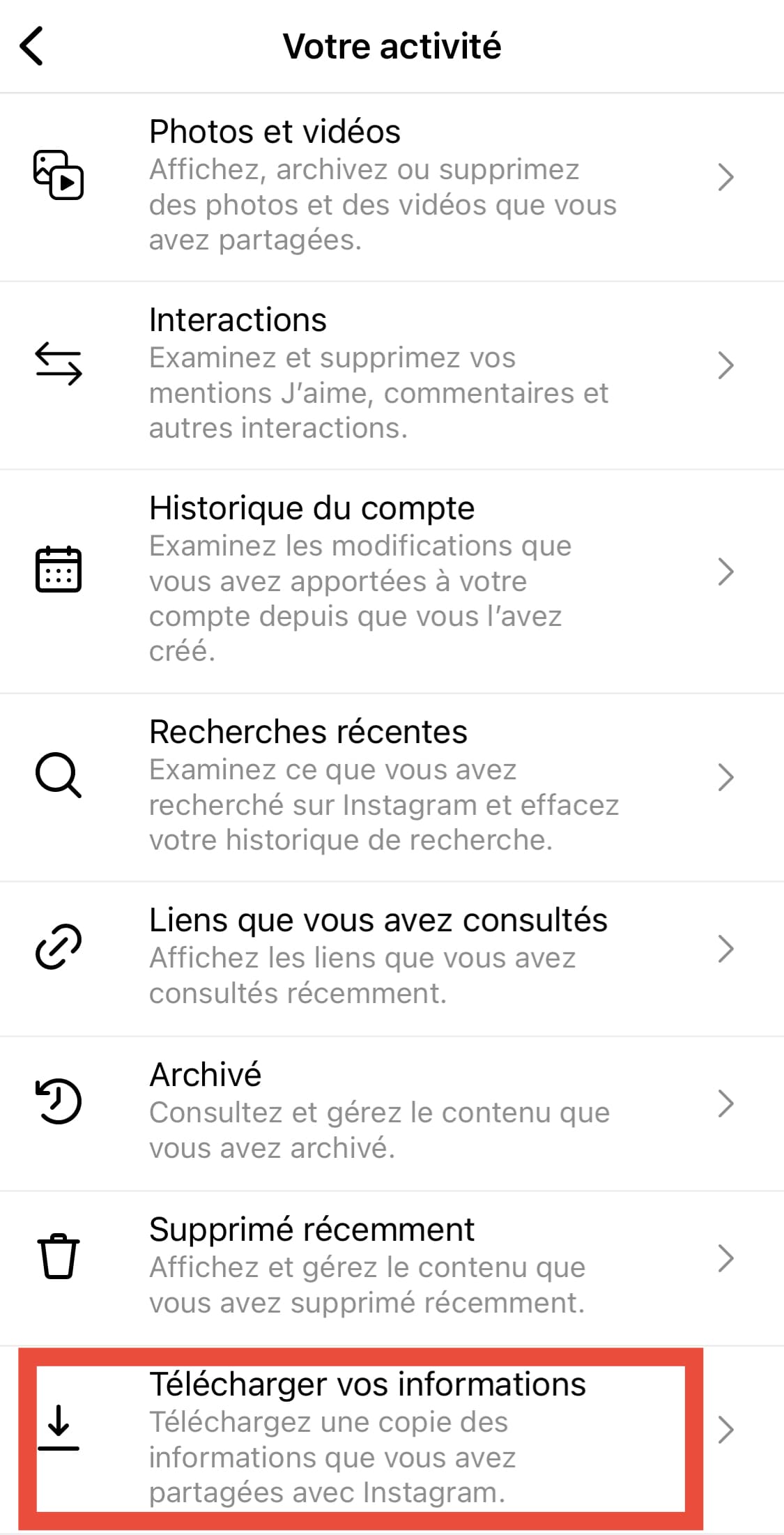 telecharger donnees instagram telephone