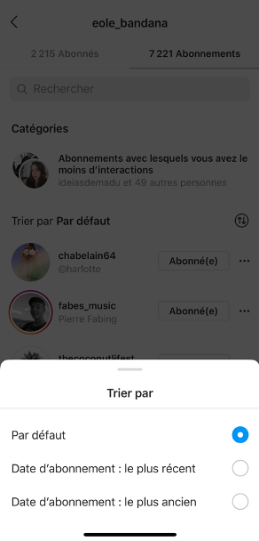 trier abonnement instagram